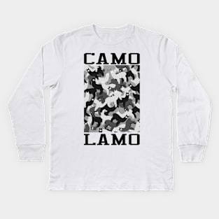 Camo lamo. Llama moro artwork. Camouflage Alpaca. Kids Long Sleeve T-Shirt